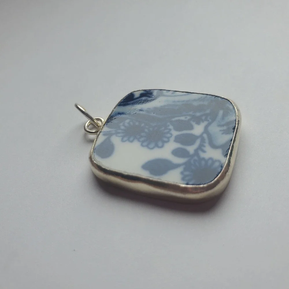 Blue Willow Sunflowers Vintage Broken China Pottery Shard Pendant Square Jewelry